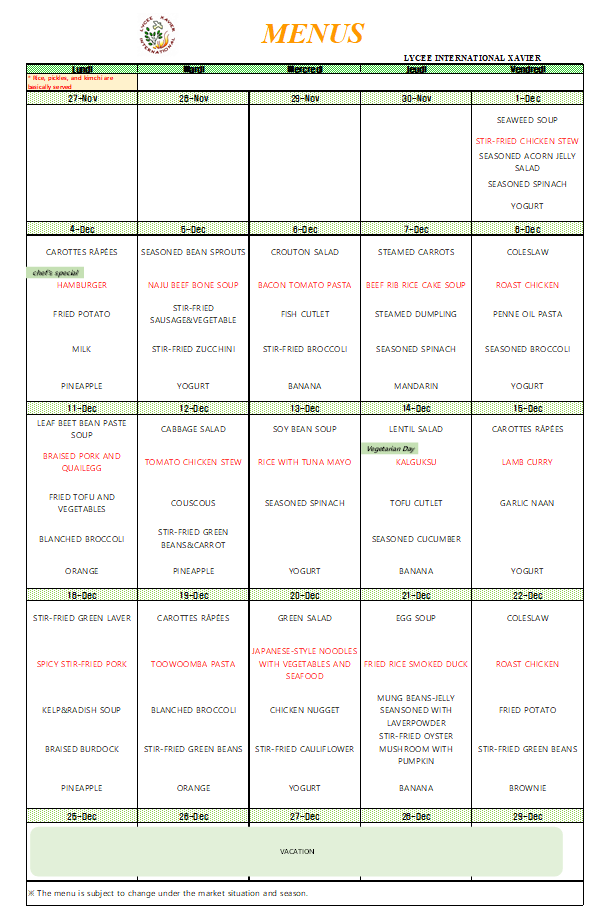 Lycee International Xavier Cafeteria Menu_Dec.2023